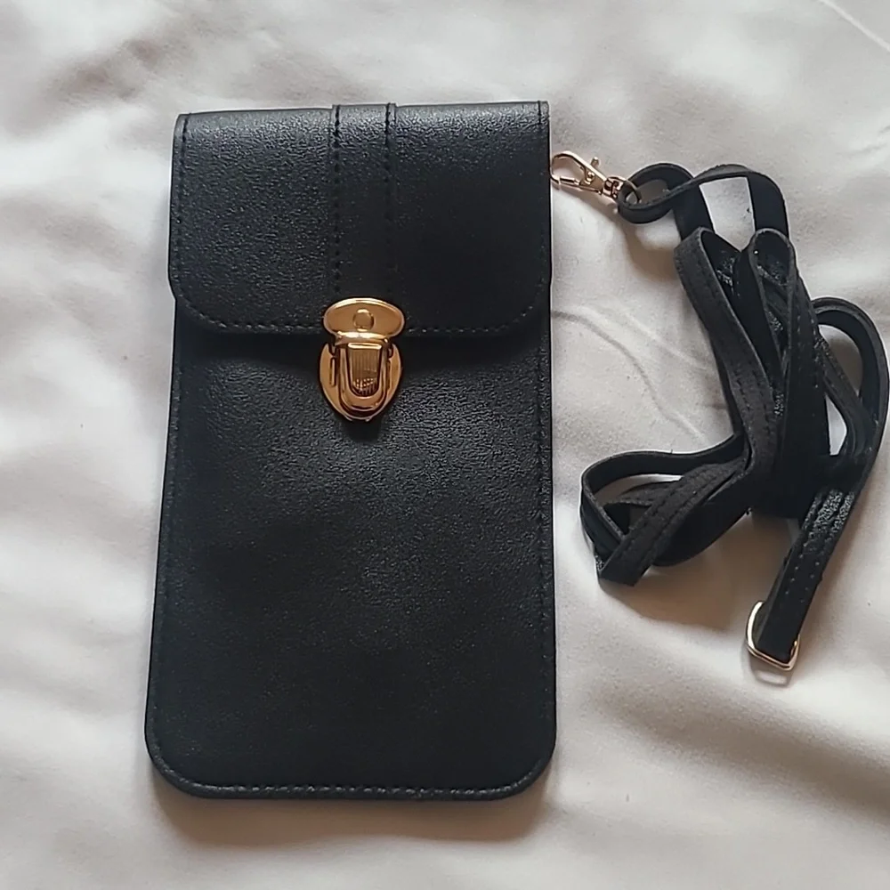 Black Crossbody Phone Bag with Gold Clasp